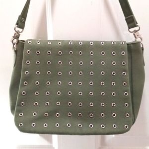 Green Shoulder bag with silver decorative rings, canvas material,